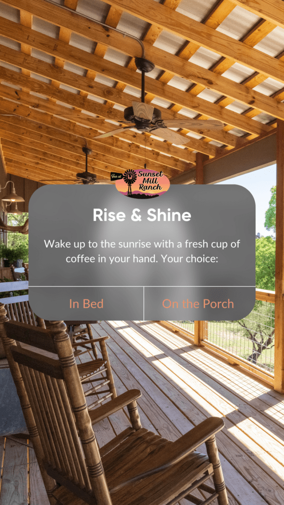 2 - Inn at Sunset Mill Ranch Image of rocking chairs on porch wiht rise and shine text